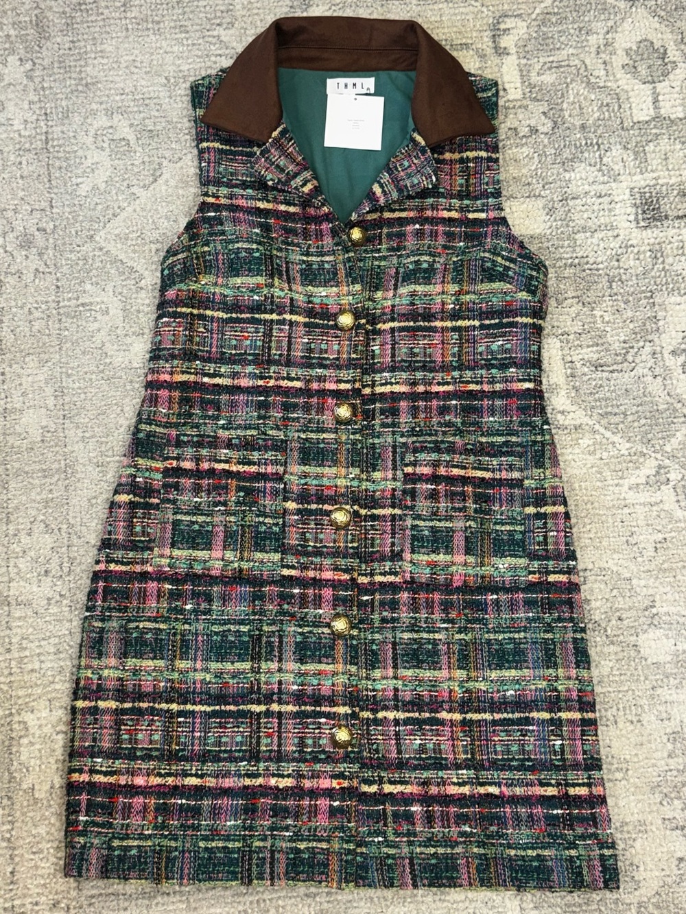 THML Brown Collar Multicolor Tweed Dress